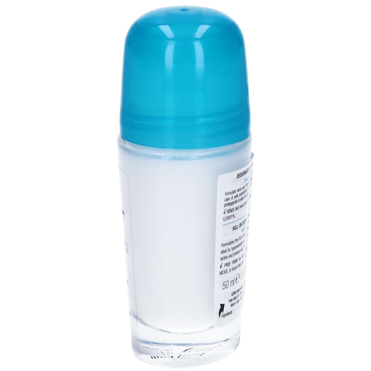 Seitenansicht des Deo-Rollers. Textinformationen. Aufschrift: Deodorante Roll On Ultra Care 48h. 50 ml.
