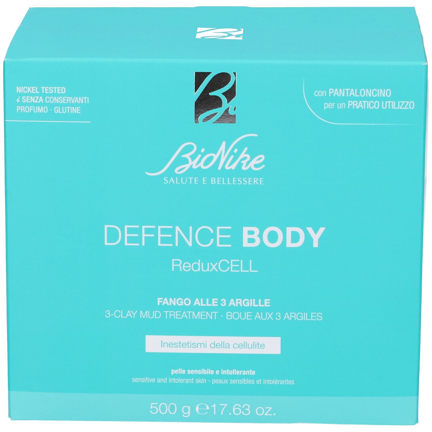 Türkisfarbene Schachtel. Aufschrift: Defence Body ReduxCell. Produktname und Marke sichtbar. 500 g. Mit Pantaloncino.