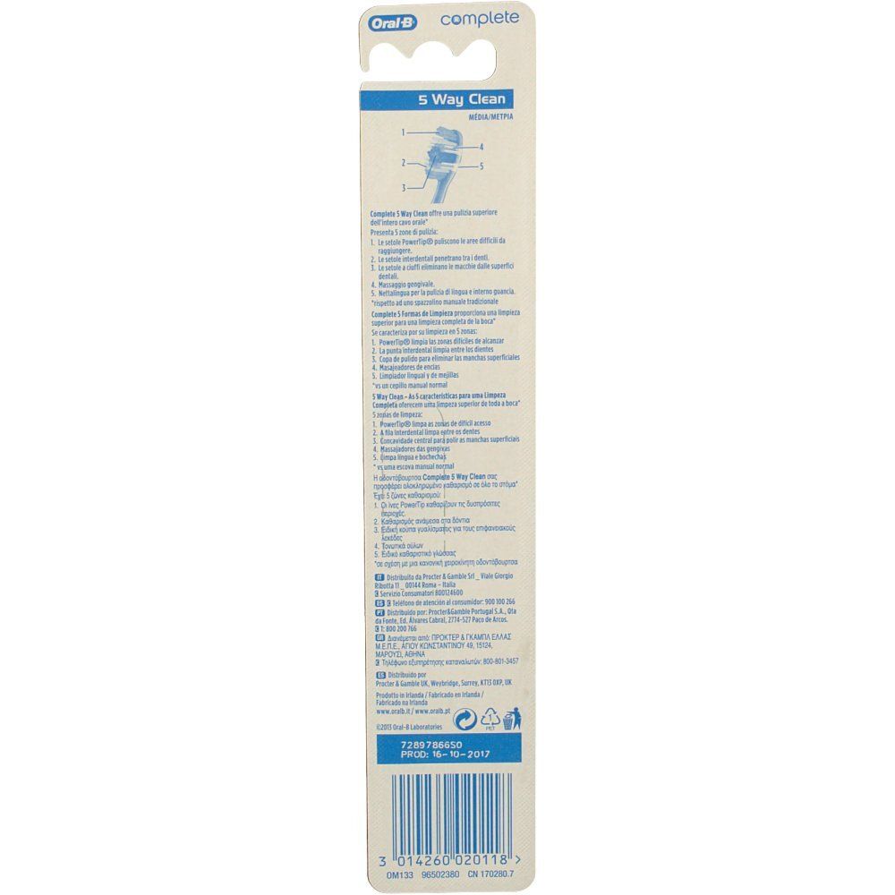 Rückseite der Blisterverpackung. Text mit Produktinformationen und Barcode. "Oral-B Complete 5 Way Clean" sichtbar.