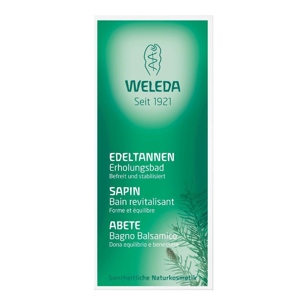 Confezione verde con nome e logo del prodotto. Testo in tedesco, francese e italiano. "Weleda" e "Edeltannen Erholungsbad" visibili.