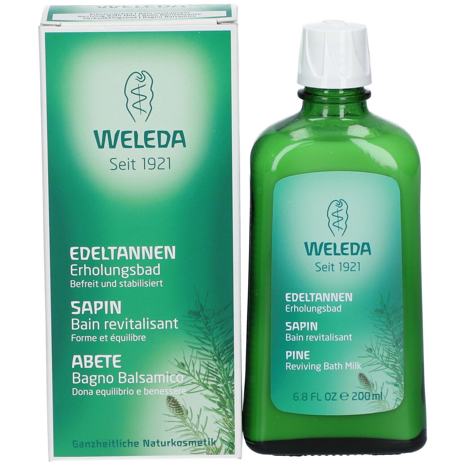 Prodotto e confezione affiancati. Bottiglia verde e scatola. Nome e logo del prodotto visibili. Testo in tedesco, francese, italiano e inglese. "Weleda".