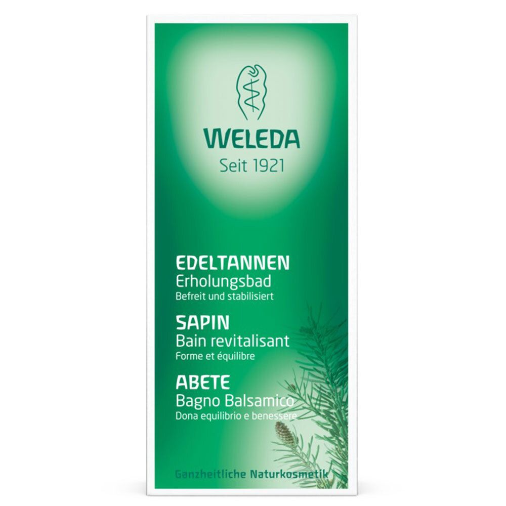 Confezione verde con nome e logo del prodotto. Testo in tedesco, francese e italiano. "Weleda" e "Edeltannen Erholungsbad" visibili.