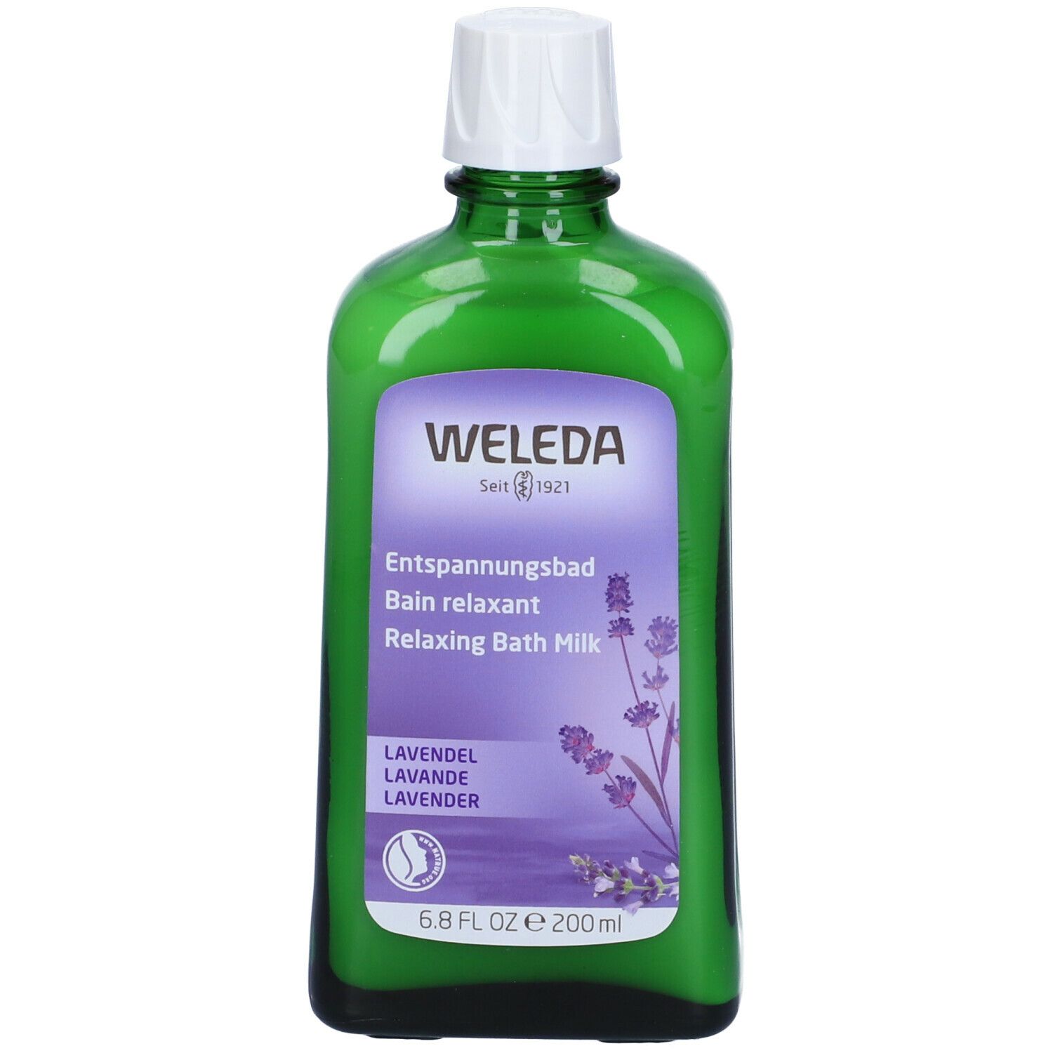 Flacone di vetro verde con tappo bianco. Etichetta con nome del prodotto e illustrazione della lavanda. 200ml.