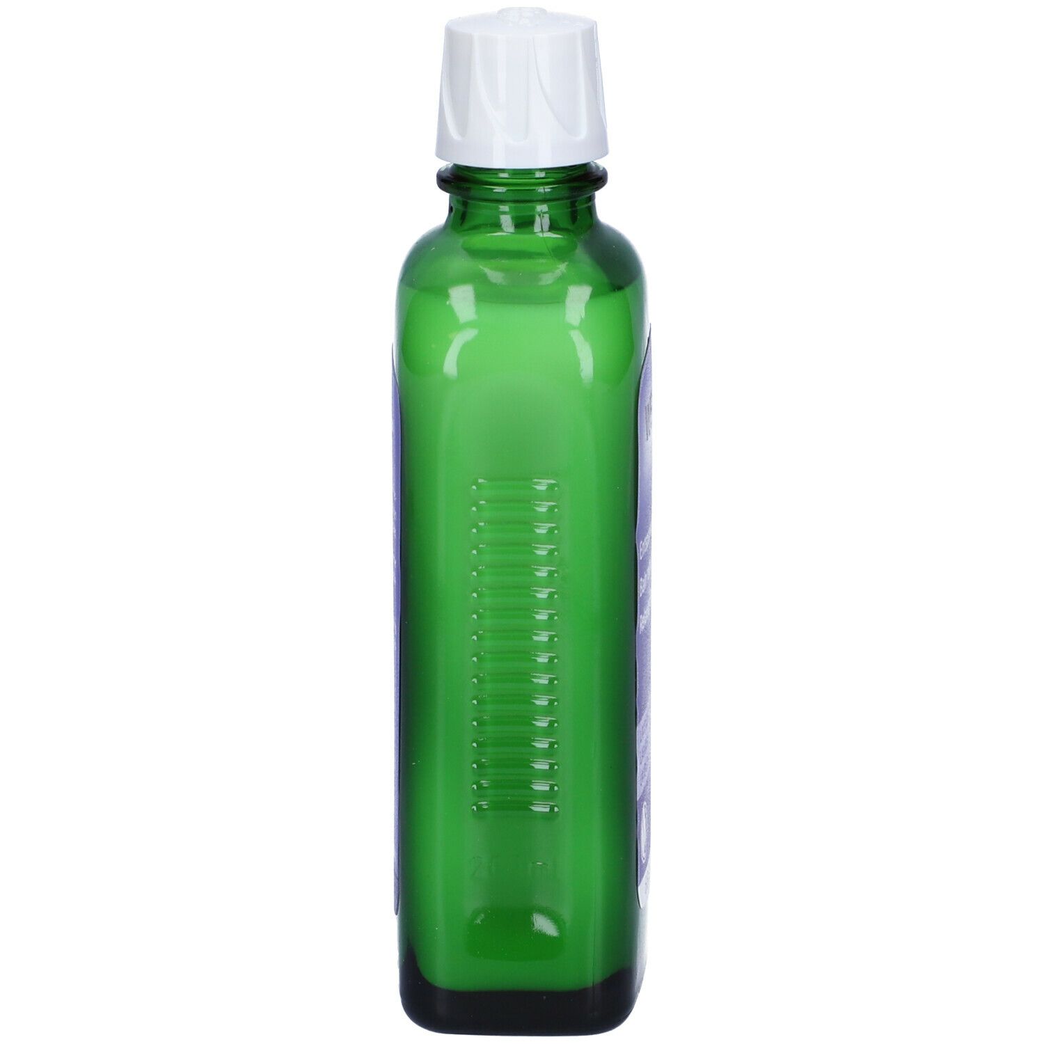 Flacone di vetro verde con tappo bianco. Scanalature verticali sul lato.