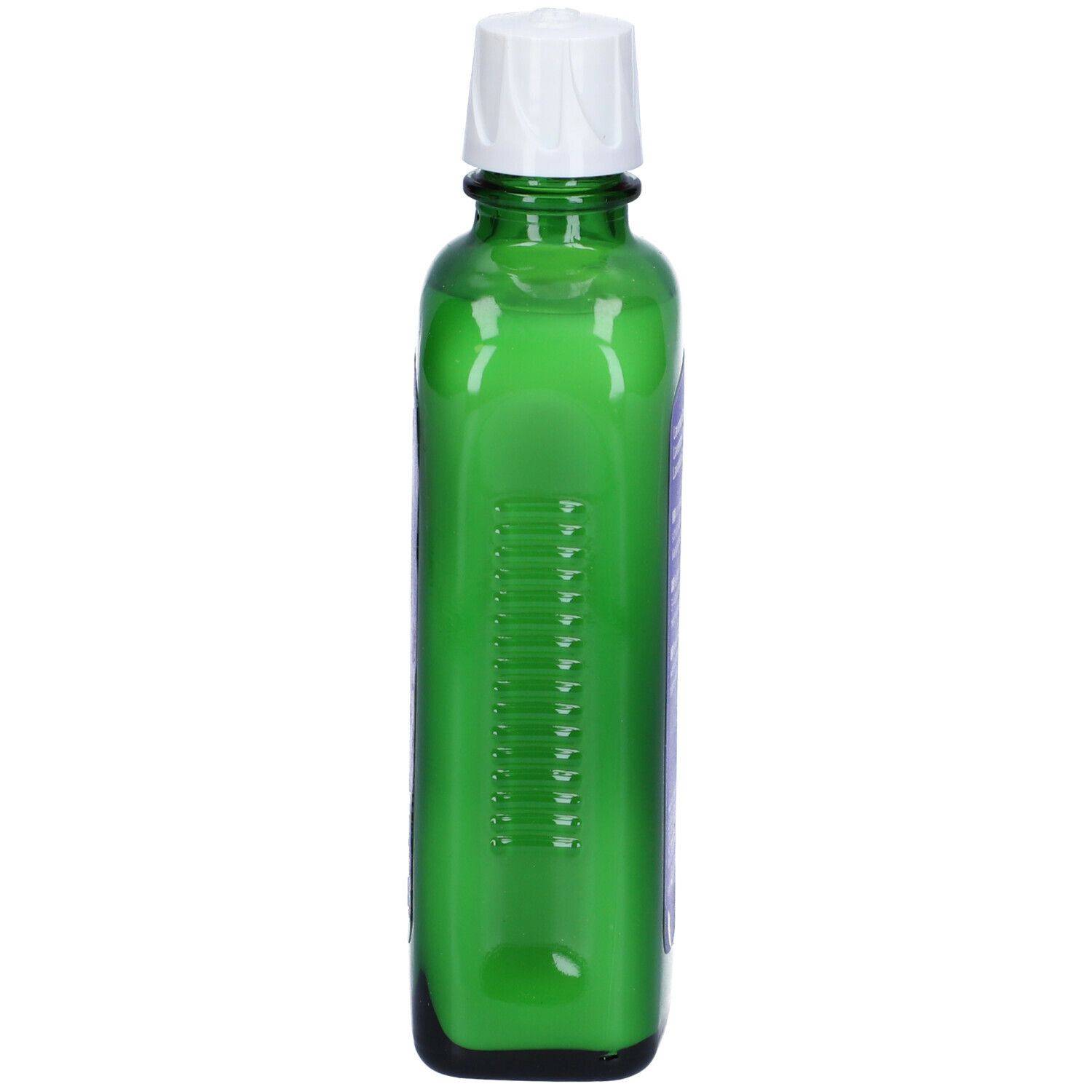 Flacone di vetro verde con tappo bianco. Scanalature verticali sul lato.