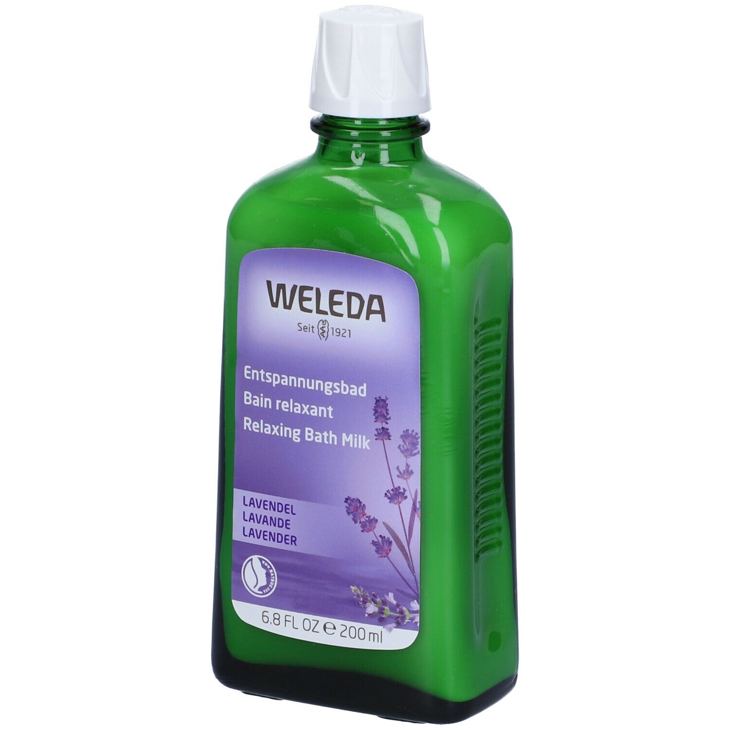 Flacone di vetro verde con tappo bianco. Etichetta con nome del prodotto e illustrazione della lavanda. 200ml.