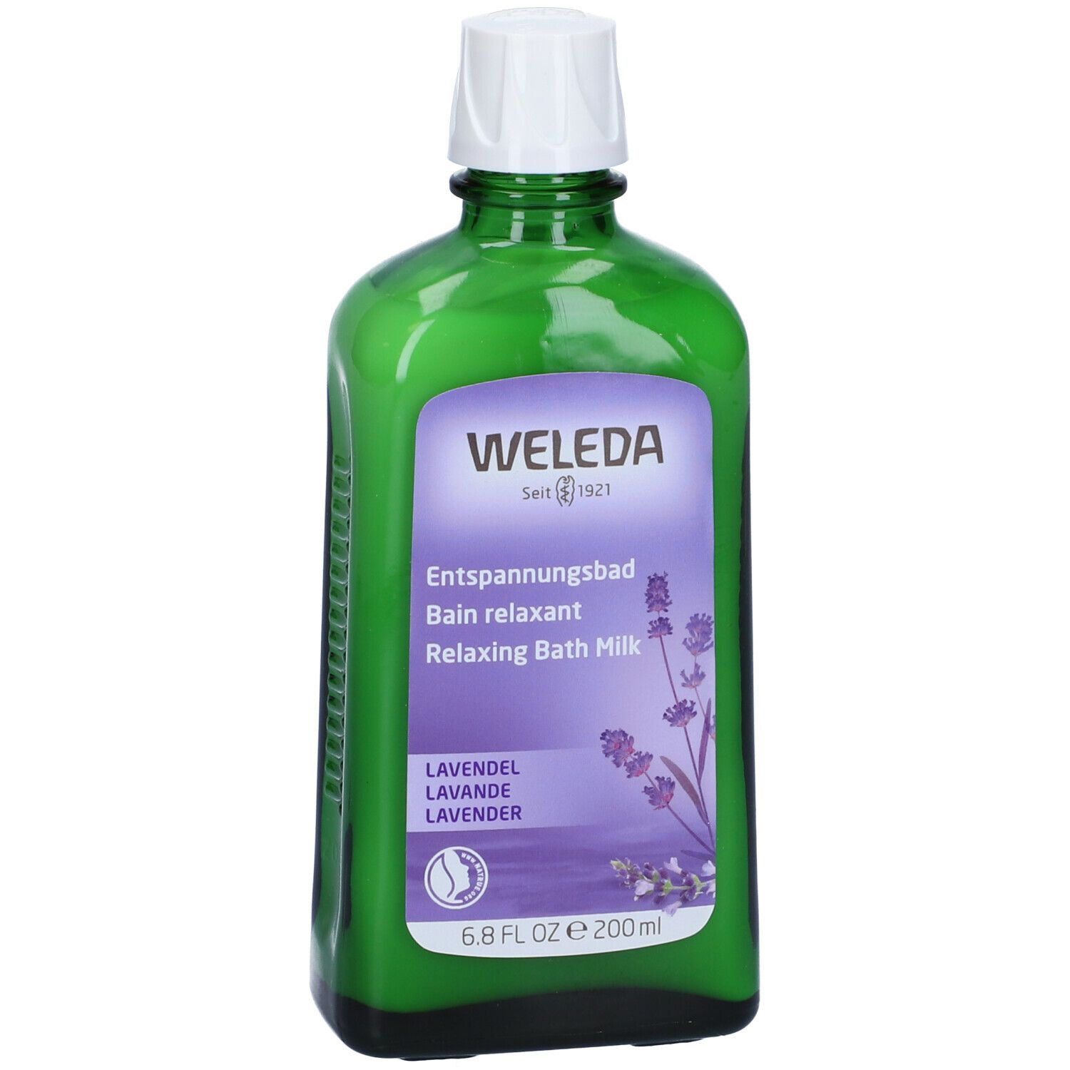 Flacone di vetro verde con tappo bianco. Etichetta con nome del prodotto e illustrazione della lavanda. 200ml.
