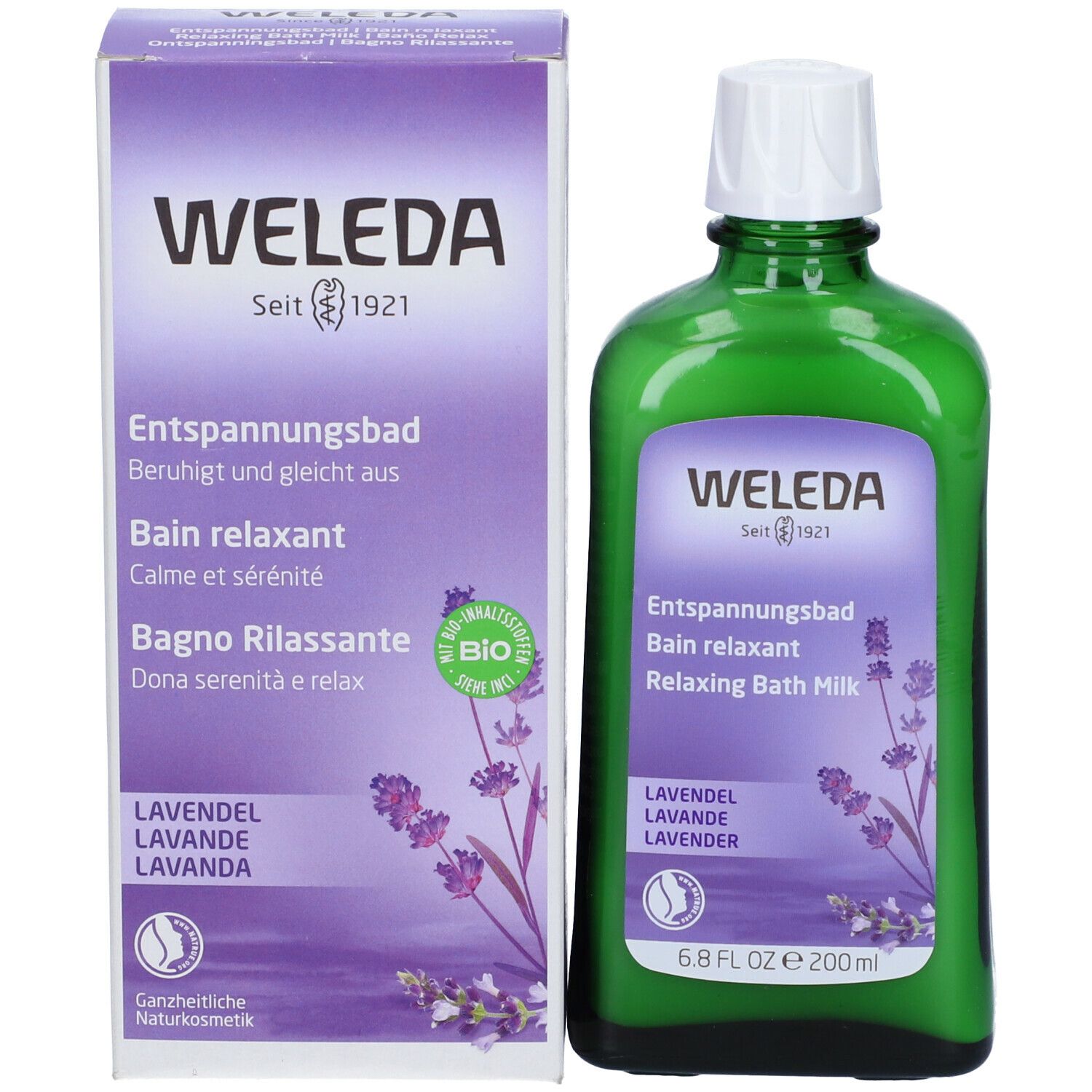 Confezione e flacone. Confezione viola, flacone verde. Nome del prodotto e illustrazione della lavanda.