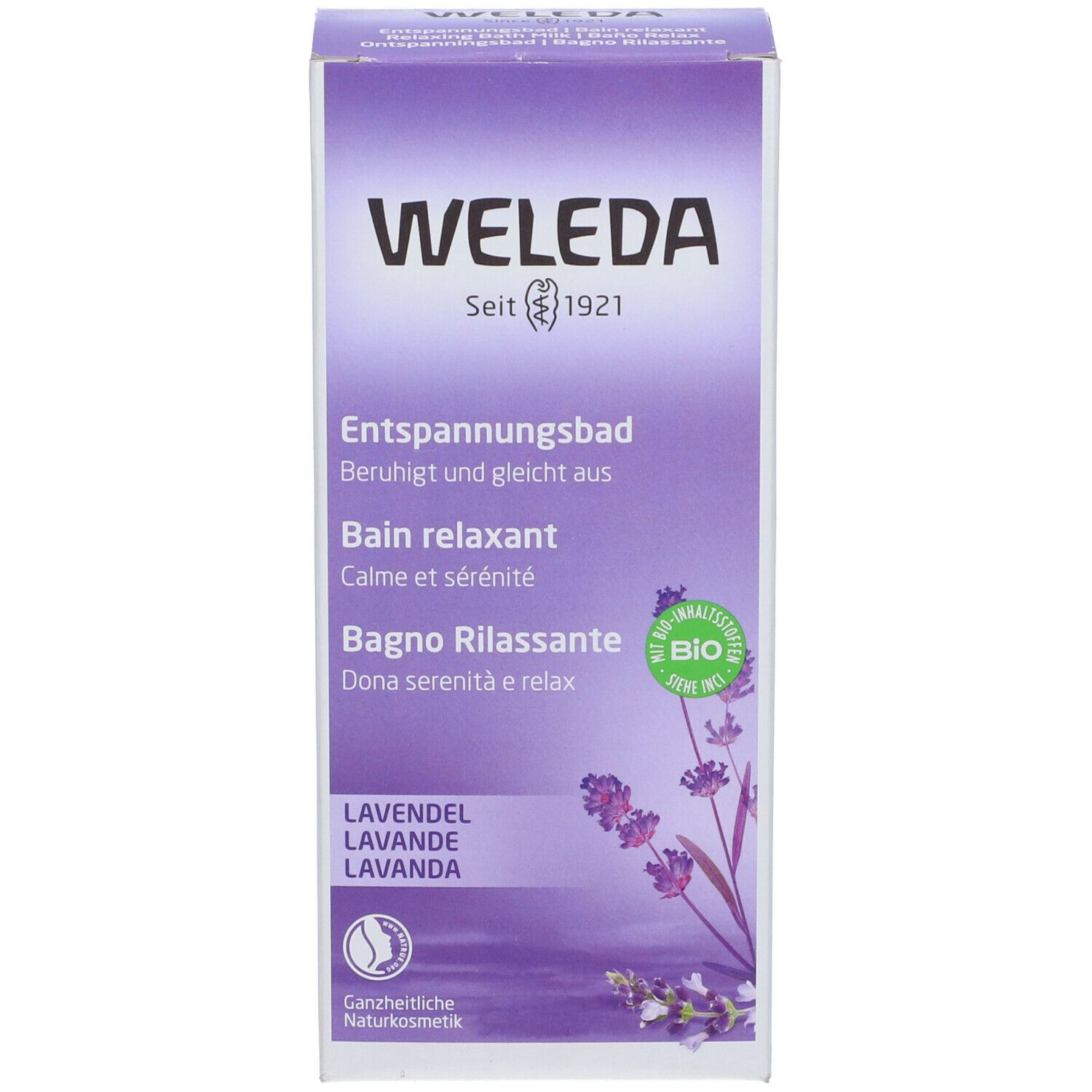 Confezione Weleda viola, con nome del prodotto e illustrazione della lavanda. Denominazioni multilingue.