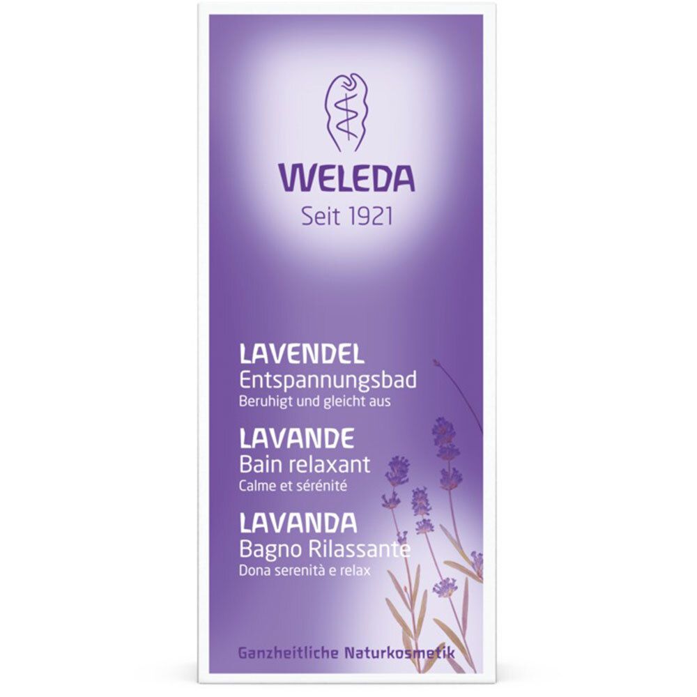 Confezione Weleda viola, con nome del prodotto e illustrazione della lavanda. Denominazioni multilingue.