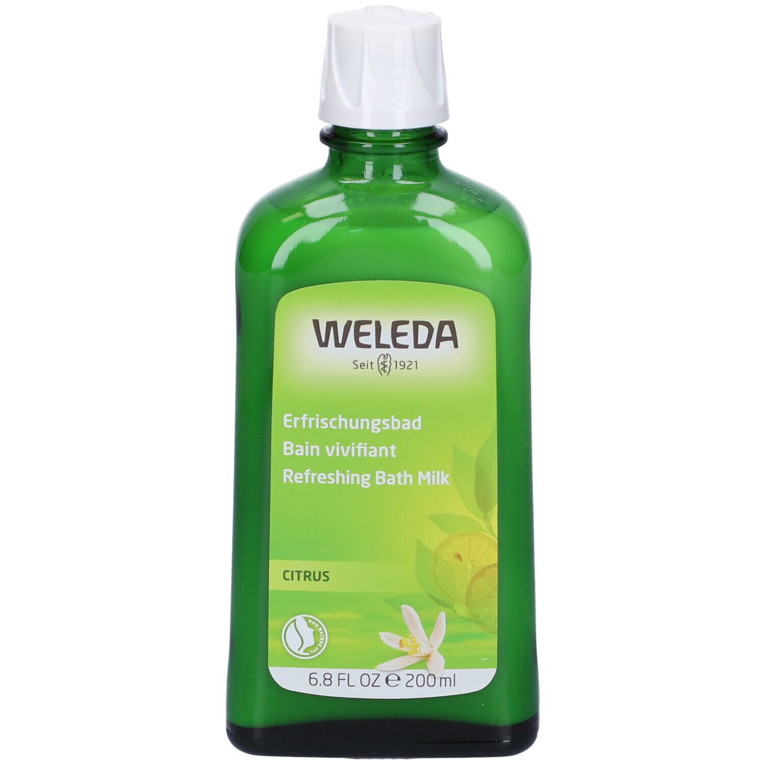 Bottiglia verde con tappo bianco. Etichetta con nome del prodotto, marchio Weleda e illustrazione di limone. 6.8 FL OZ.
