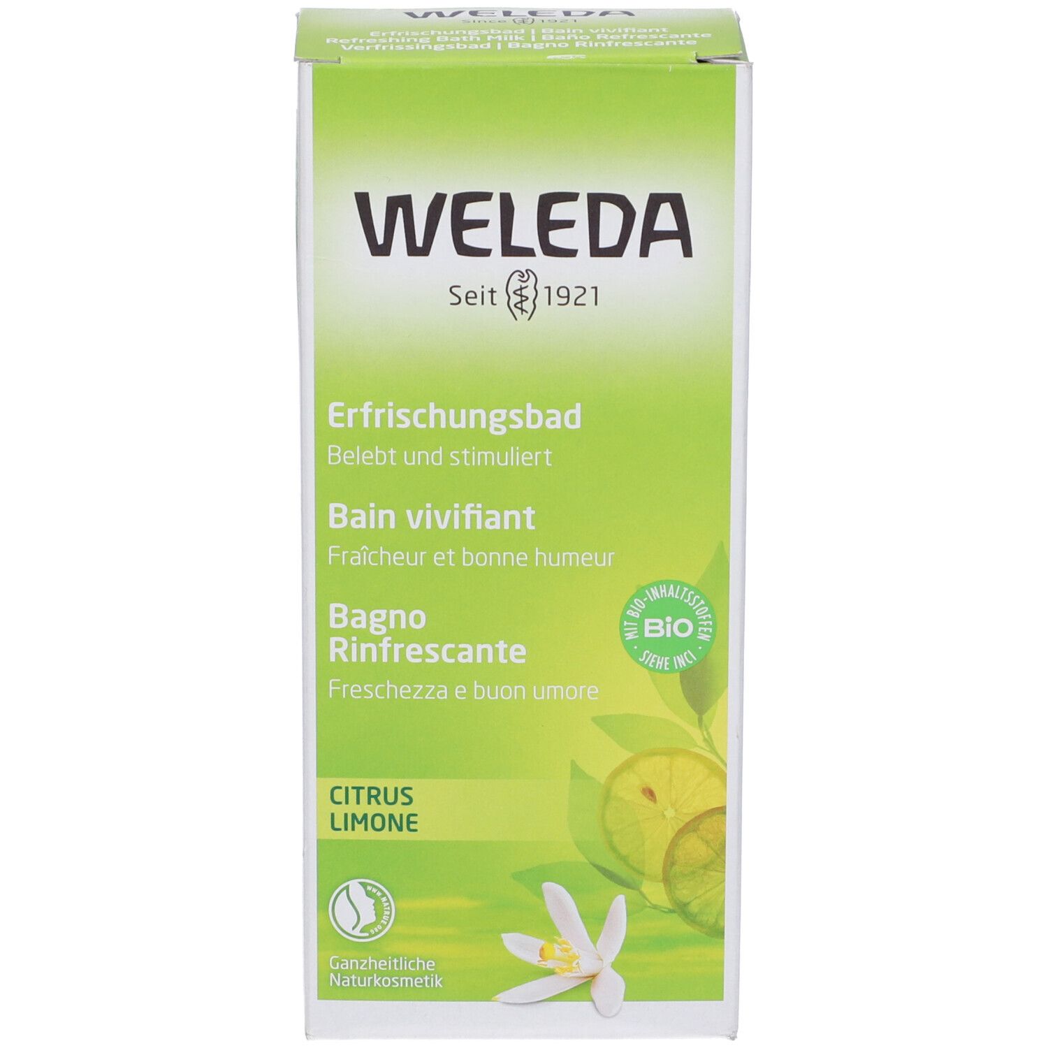 Confezione verde con nome del prodotto, marchio Weleda e illustrazione di limone. Sigillo biologico.