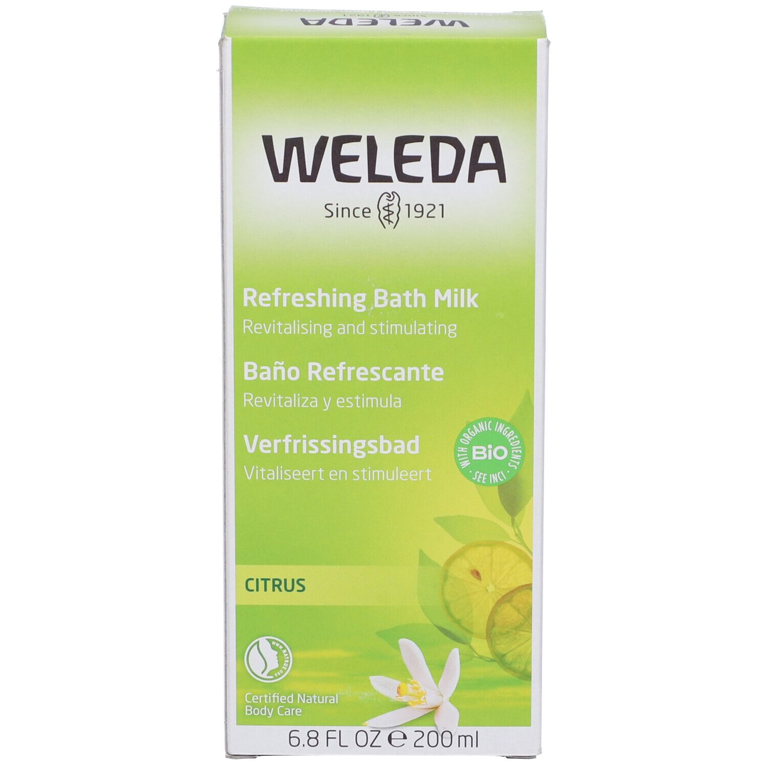 Confezione con nome del prodotto, marchio Weleda e illustrazione di limone. Sigillo biologico. 6.8 FL OZ.