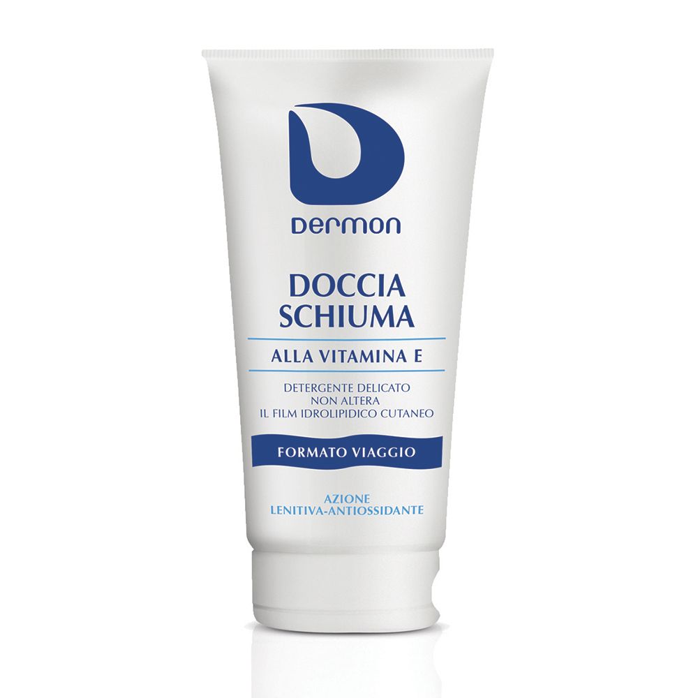 Tubo bianco con logo Dermon blu e testo. "Doccia Schiuma alla Vitamina E" è scritto sul fronte. "Formato Viaggio".