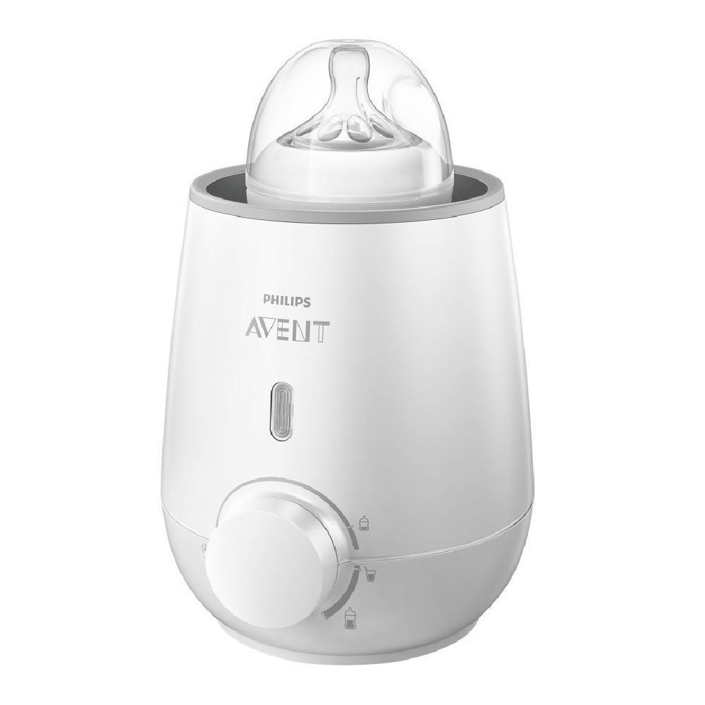 Scaldabiberon bianco Philips Avent con biberon. Manopola e indicatore. Marchio Philips Avent.