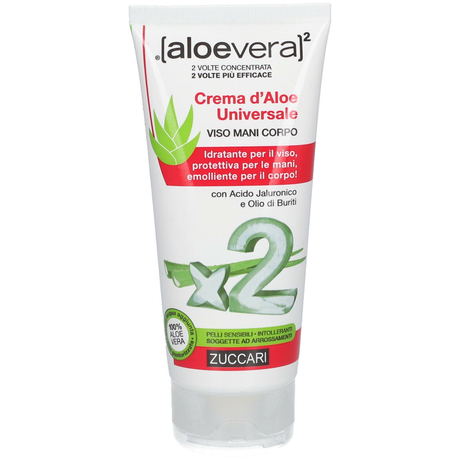 Tubo crema bianco con dettagli verdi e rossi. Testo: Crema d'Aloe Universale, VISO MANI CORPO. Logo: pianta di aloe vera.
