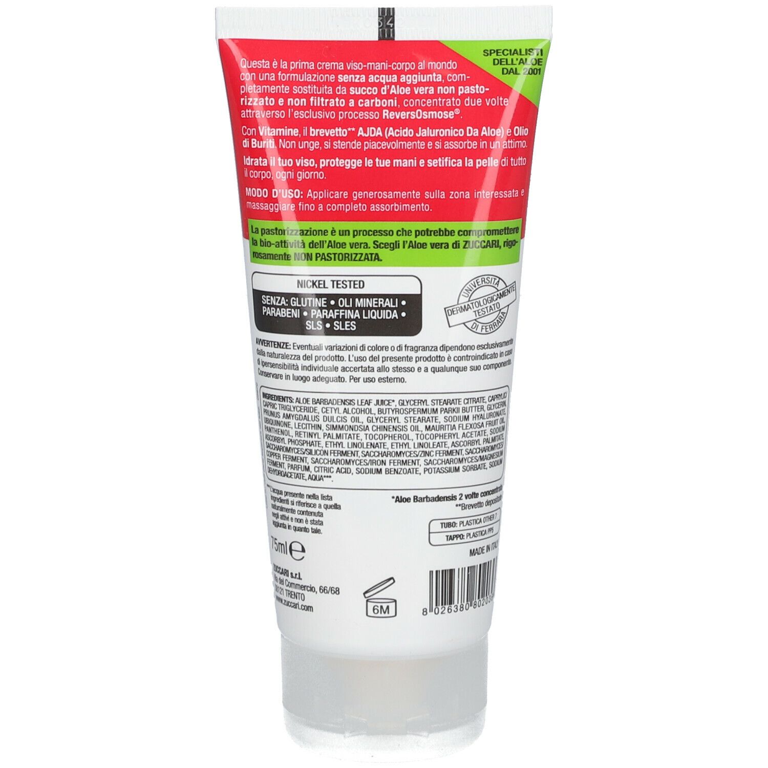 Retro del tubo crema. Testo: Crema d'Aloe Universale. Ingredienti e certificazioni. Logo: pianta di aloe vera.