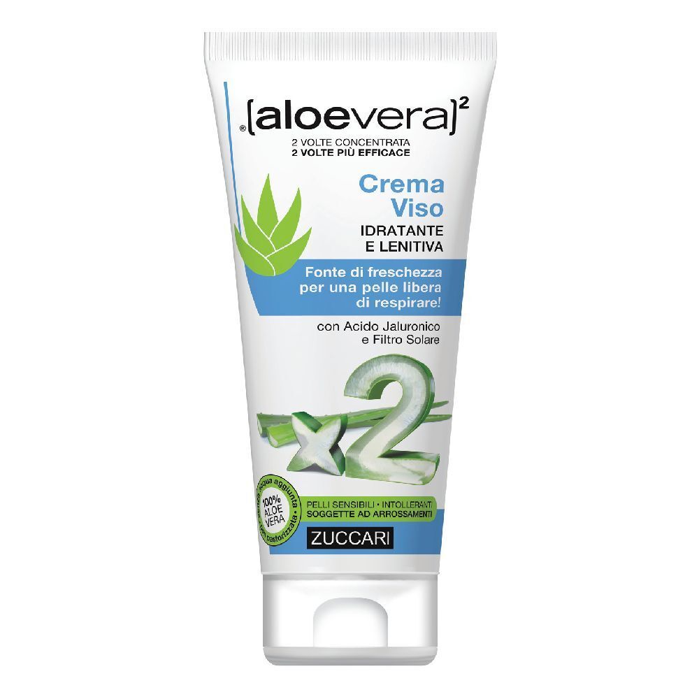 Tube blanche et bleue avec '[aloevera]²' et 'Crema Viso'. Contient de l'aloe vera. Texte italien.