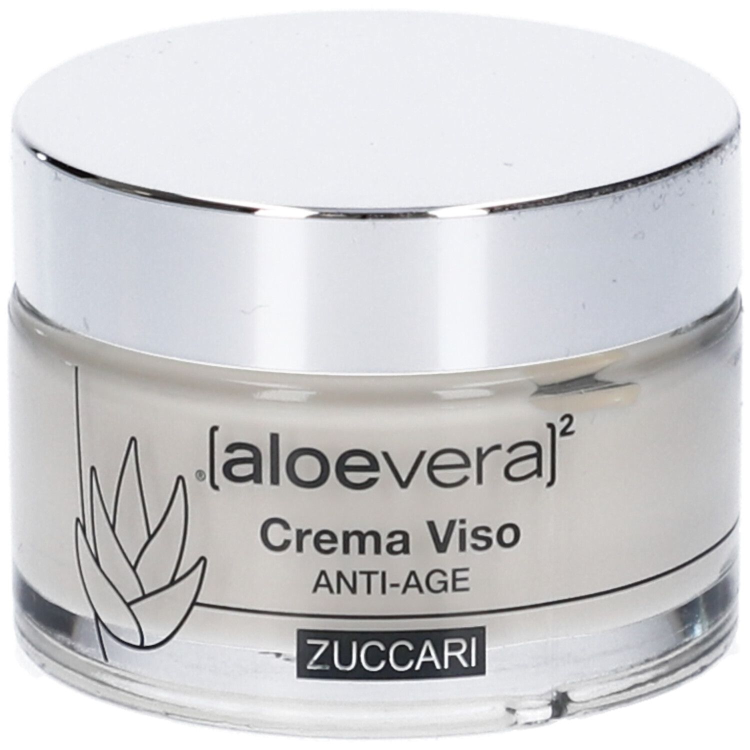 Creme-Glas mit silbernem Deckel. Aufschrift: [aloevera]², Crema Viso, ANTI-AGE, ZUCCARI. Aloe-Vera-Logo.