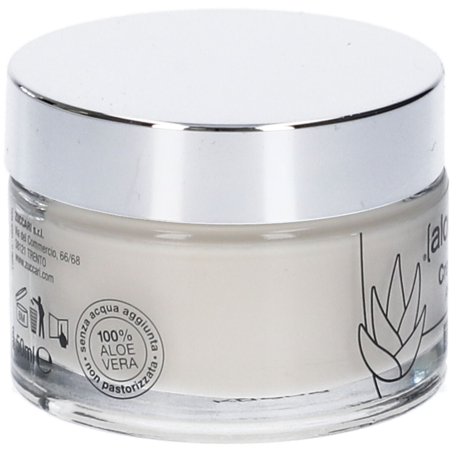 Creme-Glas mit silbernem Deckel. Aufschrift: [aloevera]². Aufkleber: 100% Aloe Vera, nicht pasteurisiert. Text und Logos.