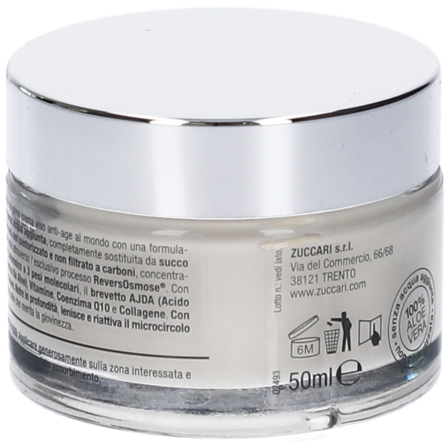 Creme-Glas mit silbernem Deckel. Text auf Etikett: ZUCCARI, Adresse, 50ml. Logos und Text. Aufschrift: 6M.