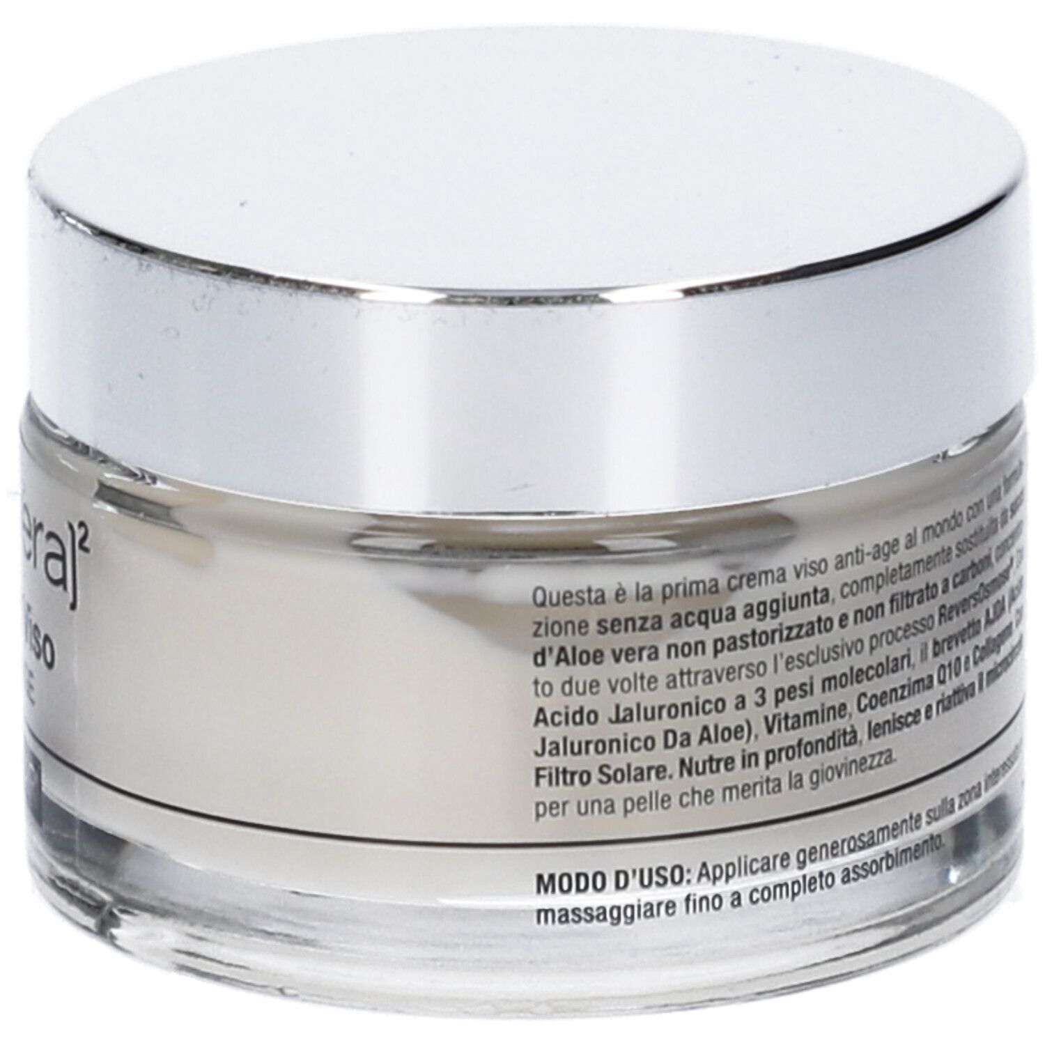 Creme-Glas mit silbernem Deckel. Text auf Etikett. Aufschrift: [aloevera]², Crema Viso, ANTI-AGE. Text: MODUS D'USO.