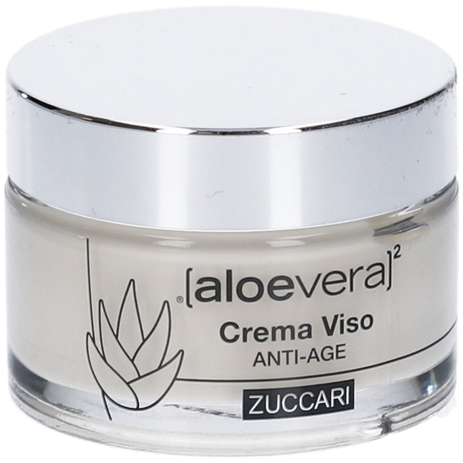 Creme-Glas mit silbernem Deckel. Aufschrift: [aloevera]², Crema Viso, ANTI-AGE, ZUCCARI. Aloe-Vera-Logo.