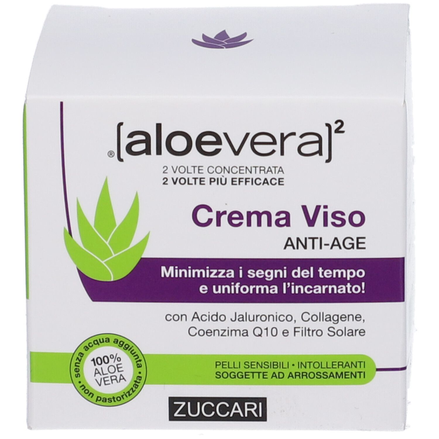 Produktverpackung. Aufschrift: [aloevera]², Crema Viso, ANTI-AGE. Text: Minimizza i segni del tempo. ZUCCARI. Aloe-Vera-Logo.