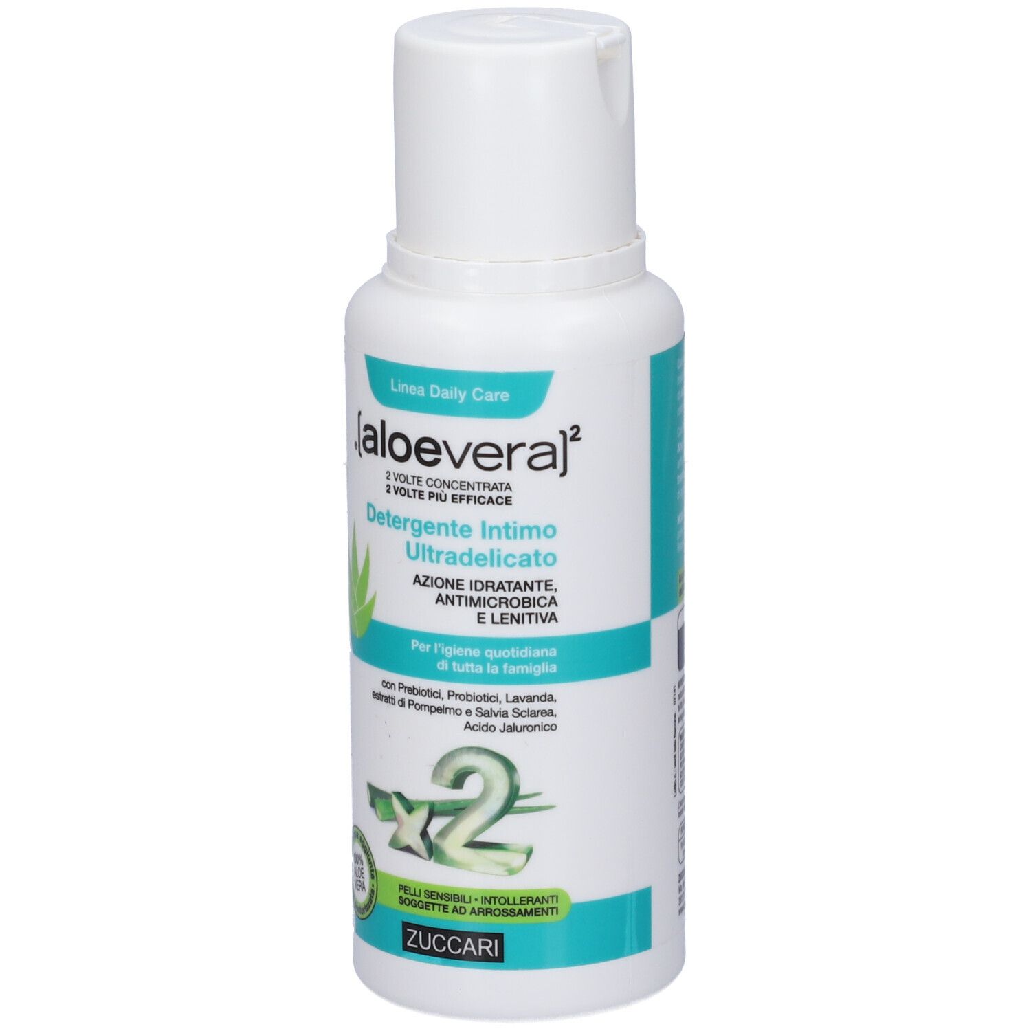 Weiß-grüne Flasche mit Produktbezeichnung [aloe vera]². Aufschrift: Detergente Intimo Ultradelicato. Mit Aloe Vera-Logo.