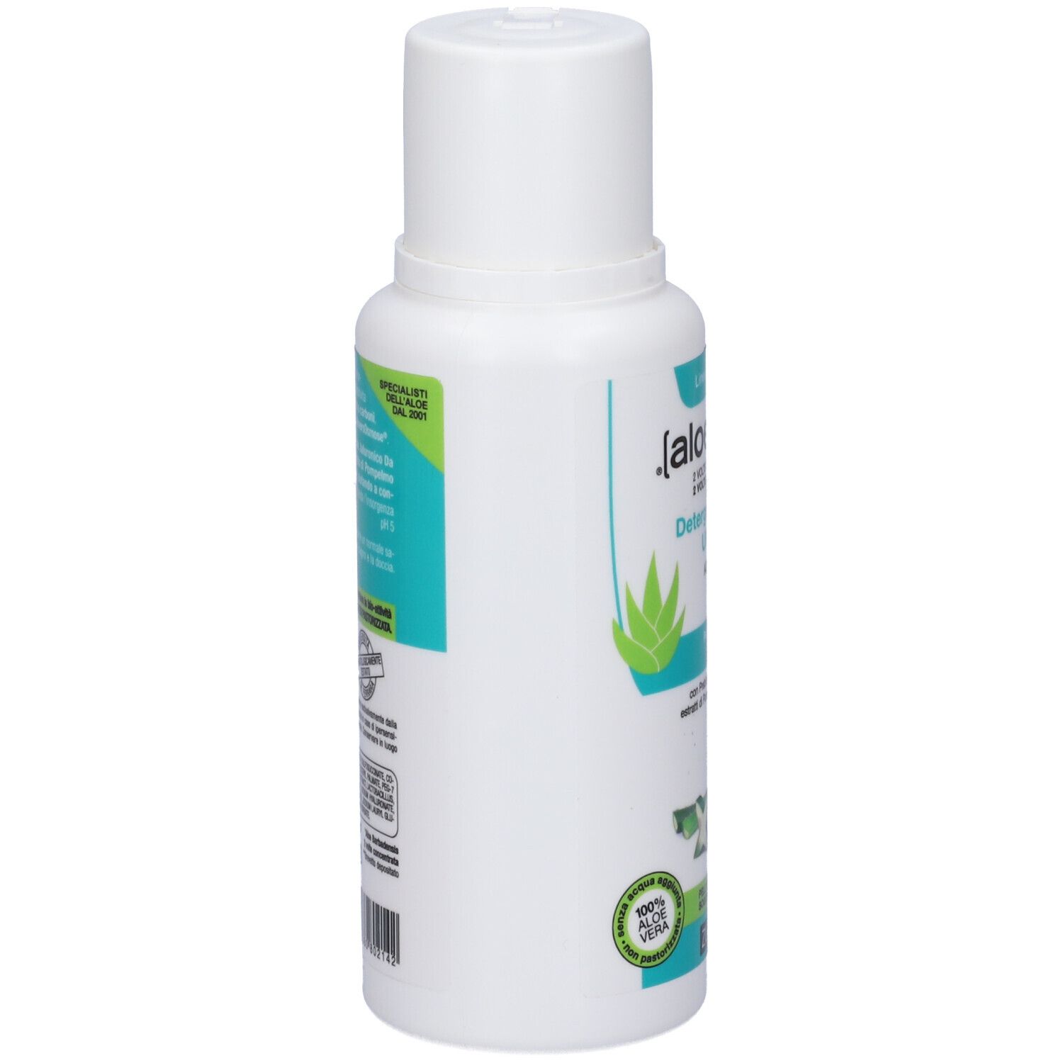 Weiße Flasche mit grünem Etikett. Produktbezeichnung [aloe vera]². Seitliche Ansicht. Text und Logo.