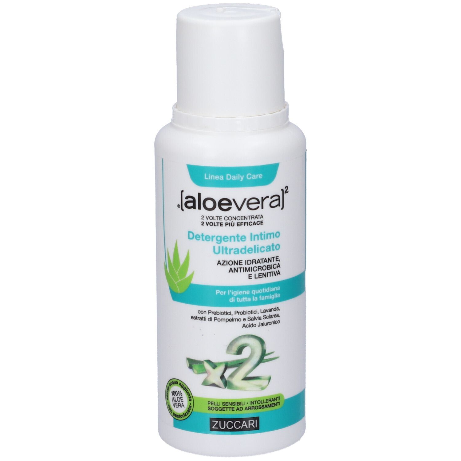 Rückseite der weißen Flasche. Text in italienischer Sprache. Produktinformationen und Inhaltsstoffe.