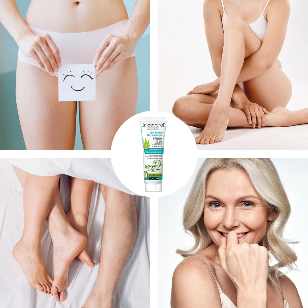 Collage mit Frauen und ZUCCARI [aloevera]2 Intimgel. Produkt in der Mitte. Verschiedene Posen, Fokus auf Intimbereich.