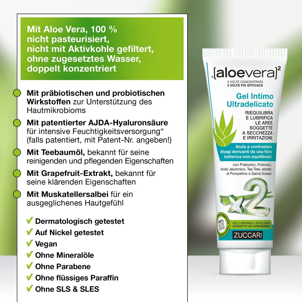 Verpackung und Tube von ZUCCARI [aloevera]2 Gel Intimo. Text: Gel Intimo, Aloe Vera, 2x konzentriert.