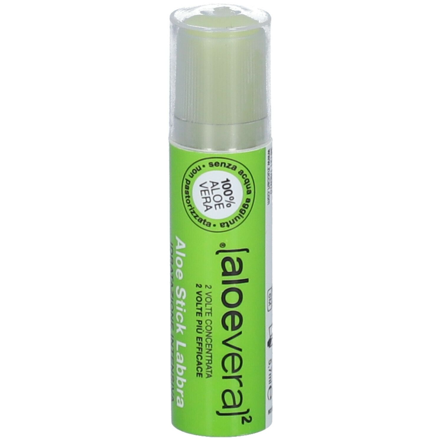 Aloe Stick Labbra, grüner Stift mit transparentem Deckel. Mit 100% Aloe Vera.
