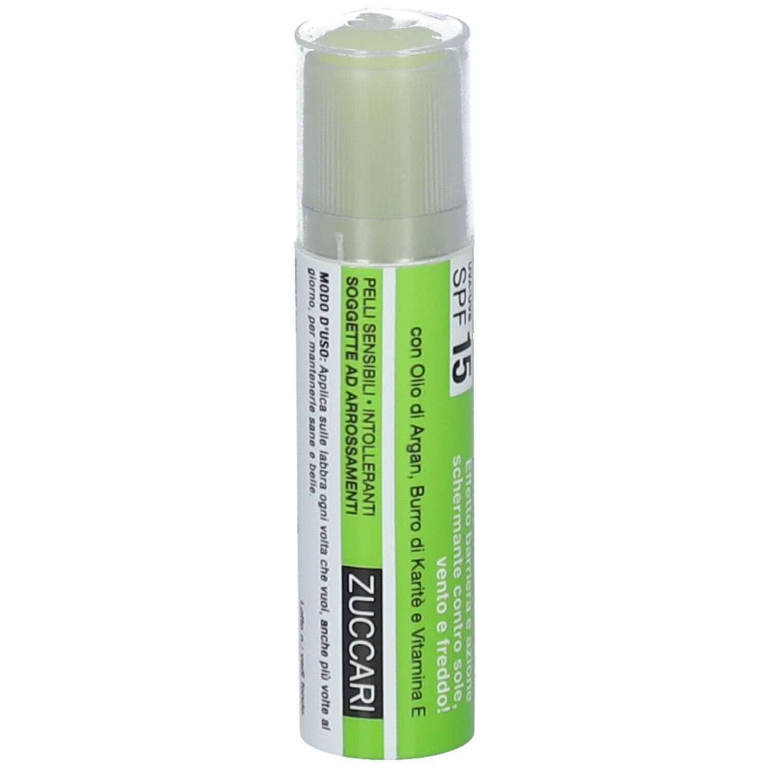 Aloe Stick Labbra, grüner Stift mit transparentem Deckel. Text und SPF 15.