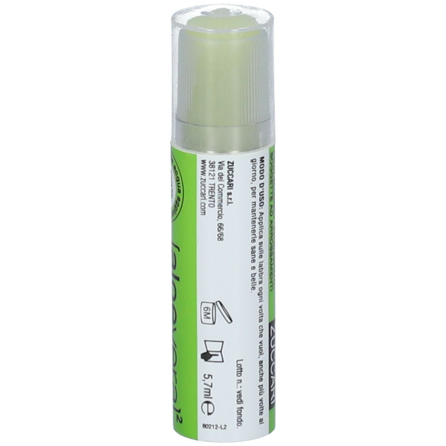 Aloe Stick Labbra, grüner Stift mit transparentem Deckel. Text und Logo.