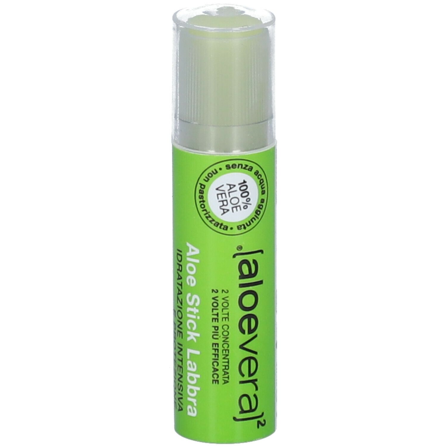 Aloe Stick Labbra, grüner Stift mit transparentem Deckel. Text und Logo.