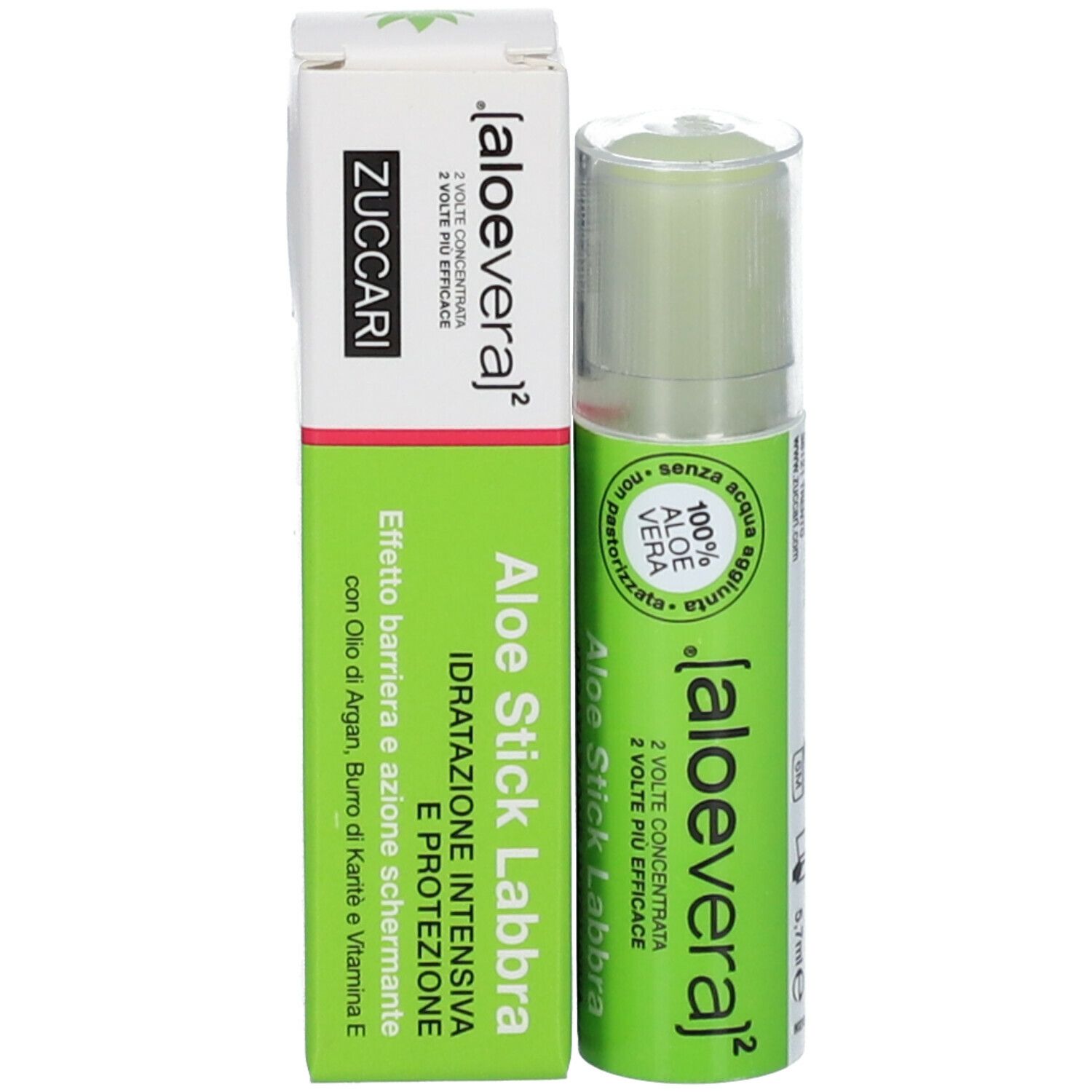 Aloe Stick Labbra und Verpackung. Grün-weiß. Text und Logo.