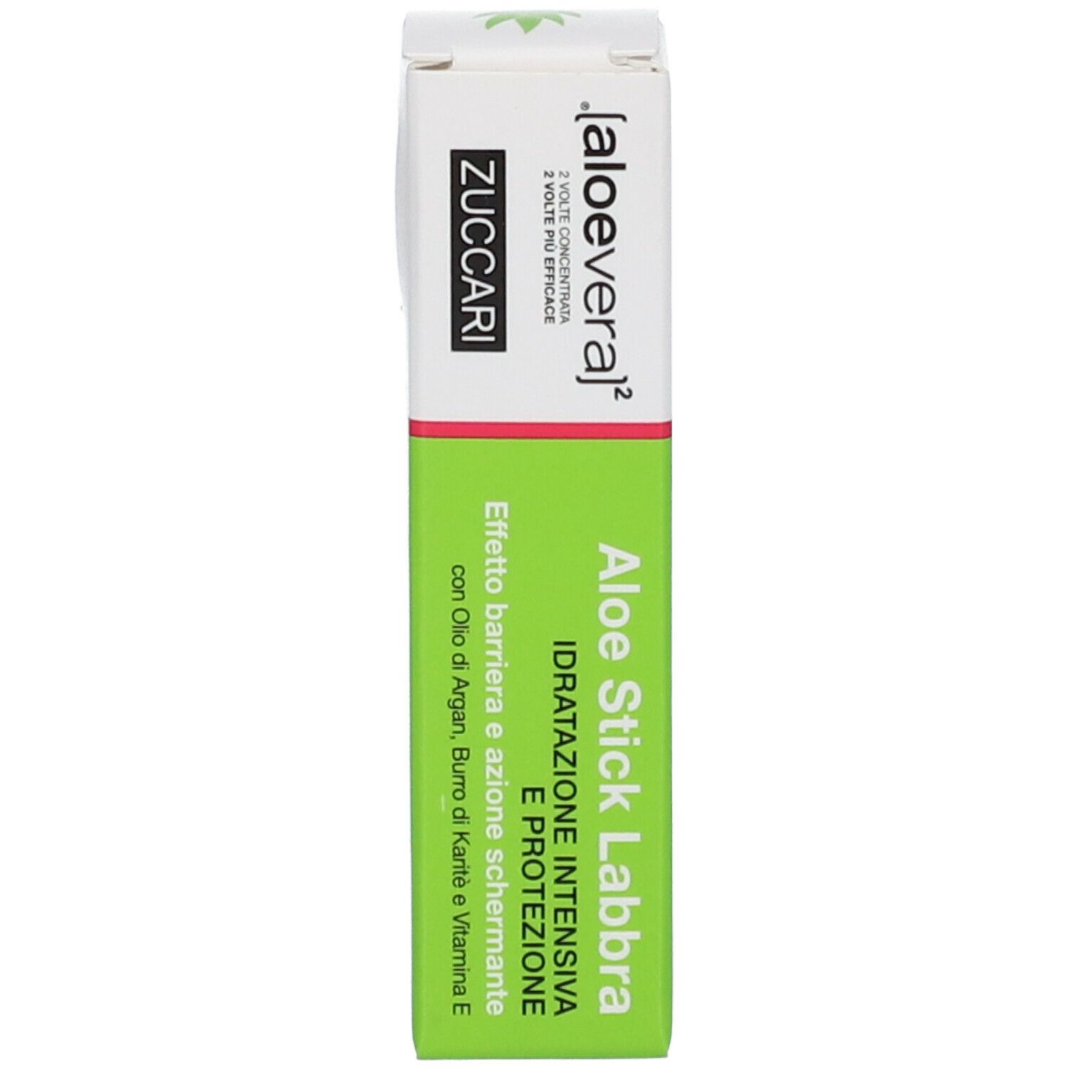 Verpackung von Aloe Stick Labbra. Grün-weiß. Text und Logo.