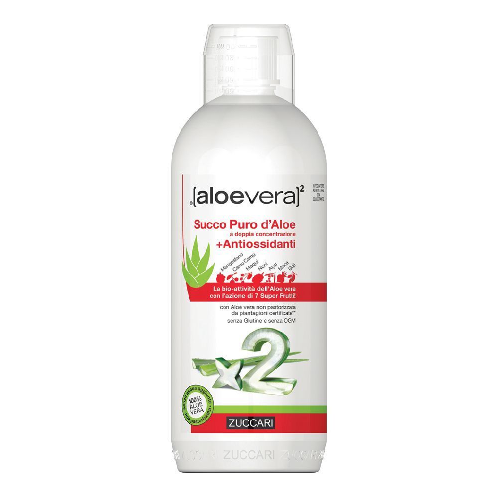 Bottiglia bianca con etichetta. Scritta: [aloe vera]², Succo Puro d'Aloe +Antiossidanti. Marchio ZUCCARI.