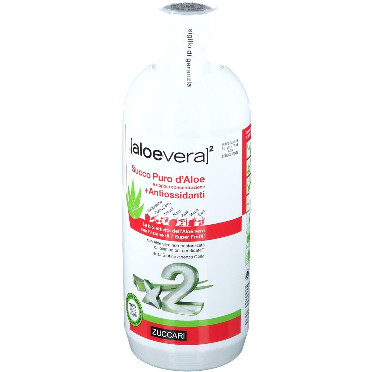 Bottiglia bianca con etichetta. Scritta: [aloe vera]², Succo Puro d'Aloe +Antiossidanti. Marchio ZUCCARI.