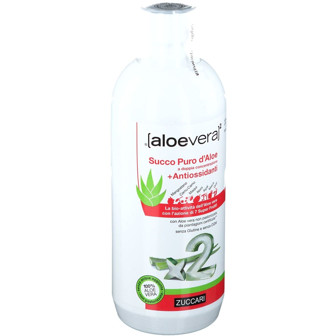 Bottiglia bianca con etichetta. Scritta: [aloe vera]², Succo Puro d'Aloe +Antiossidanti. Marchio ZUCCARI.