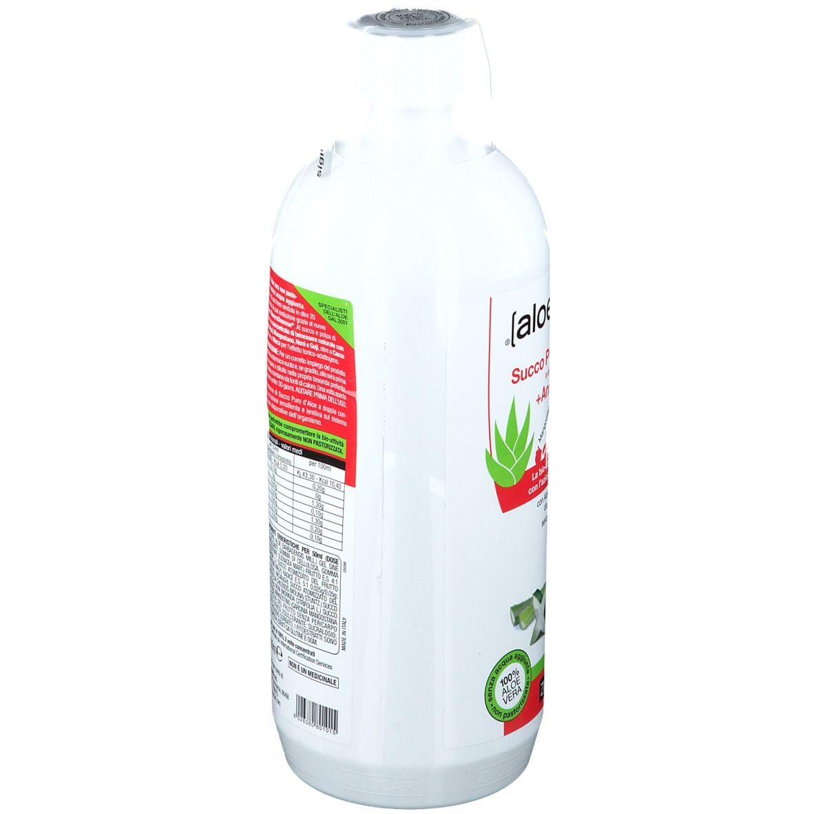 Lato di una bottiglia bianca con etichetta. Scritta: [aloe vera]², Succo Puro d'Aloe +Antiossidanti. Marchio ZUCCARI.