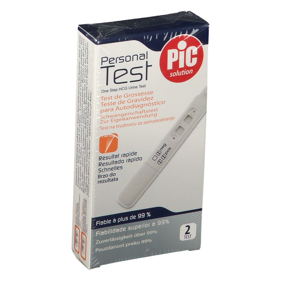 Confezione di PIC Personal Test. Contiene due test. Scritte: Personal Test, PIC solution, Test Autodiagnostico di Gravidanza.