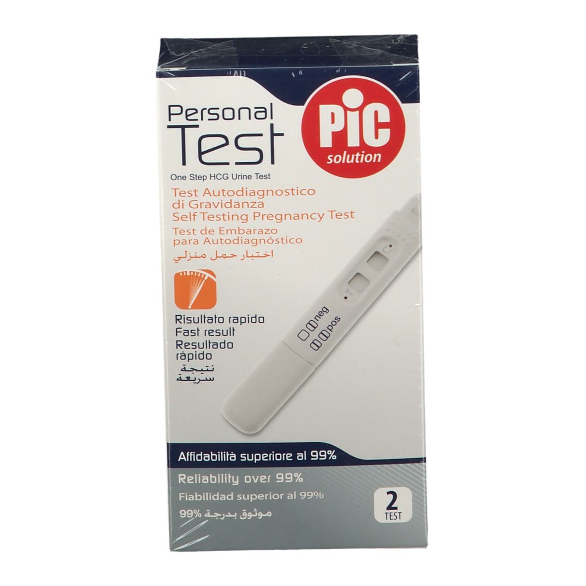 Confezione di PIC Personal Test. Contiene due test. Scritte: Personal Test, PIC solution, Test Autodiagnostico di Gravidanza.