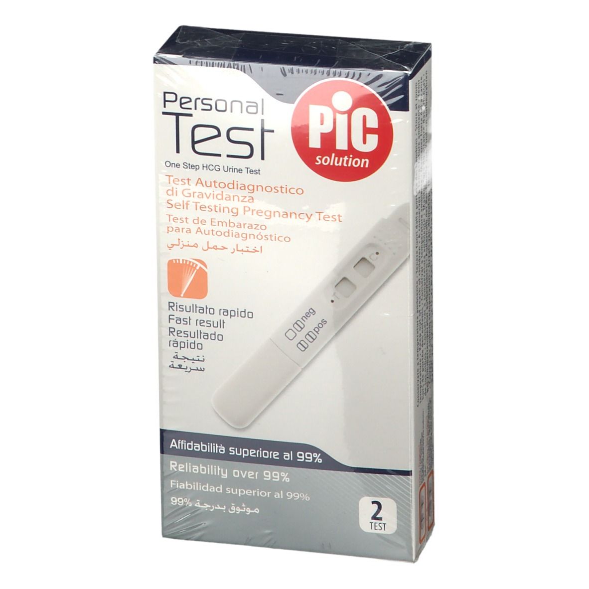 Confezione di PIC Personal Test. Contiene due test. Scritte: Personal Test, PIC solution, Test Autodiagnostico di Gravidanza.