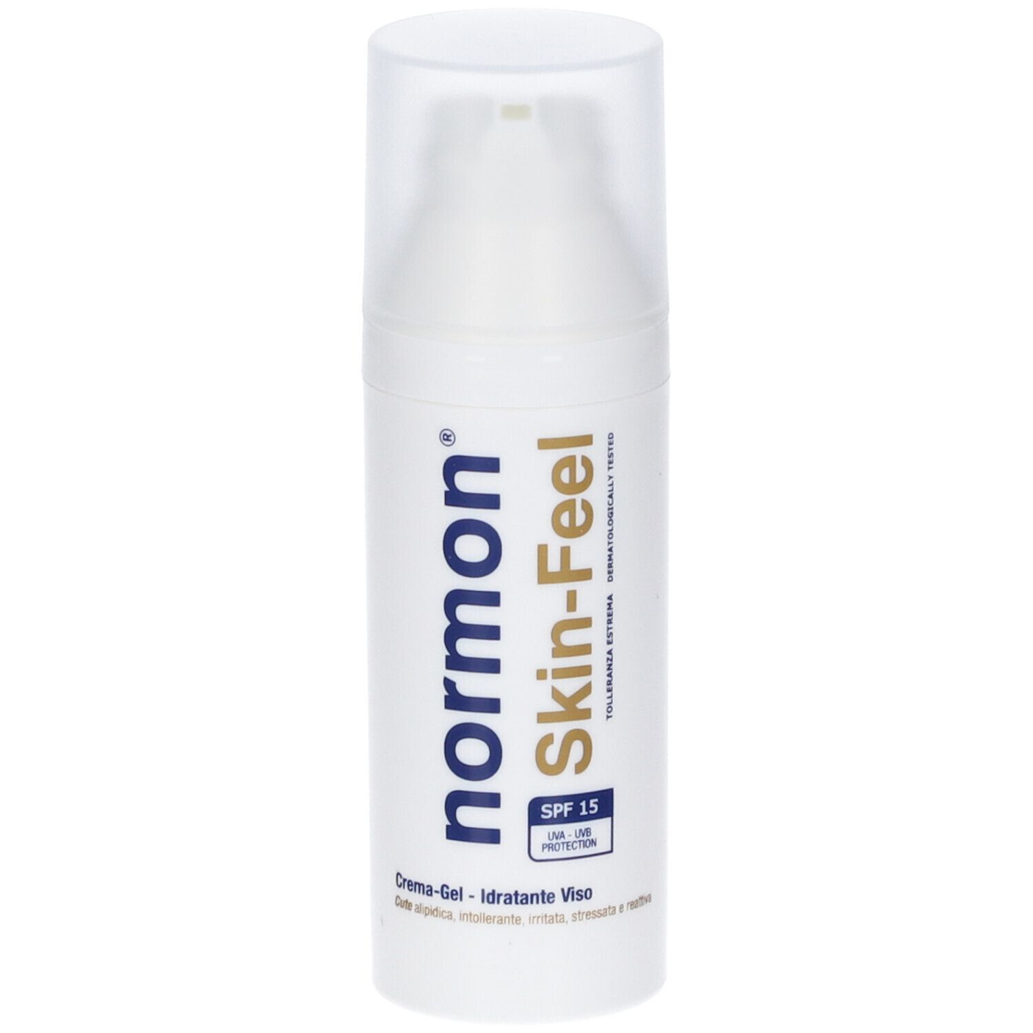 Flacone bianco con dosatore a pompa. Scritta: normon Skin-Feel, SPF 15. Crema-Gel, Idratante Viso.
