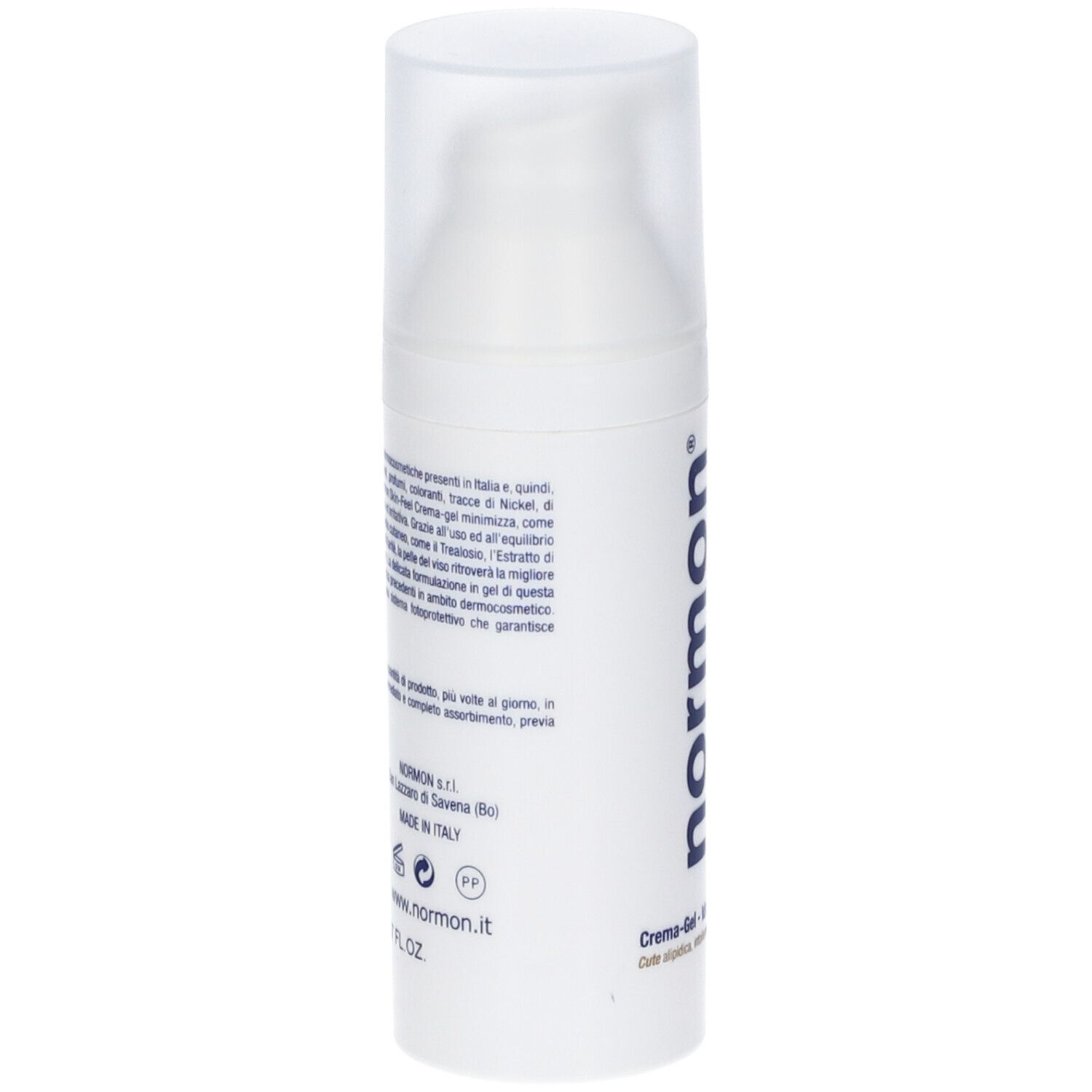 Flacone bianco con dosatore a pompa. Testo in italiano. Scritta: normon. Made in Italy.