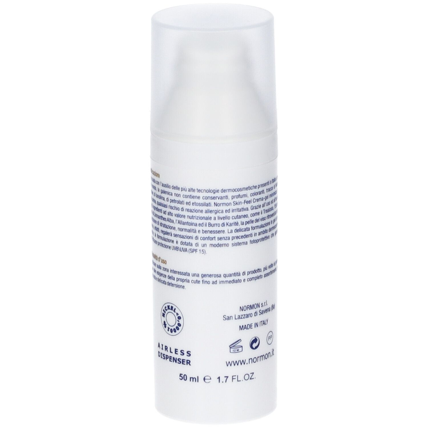 Flacone bianco con dosatore a pompa. Scritta: AIRLESS DISPENSER, 50 ml, 1.7 FL.OZ. Testo in italiano.