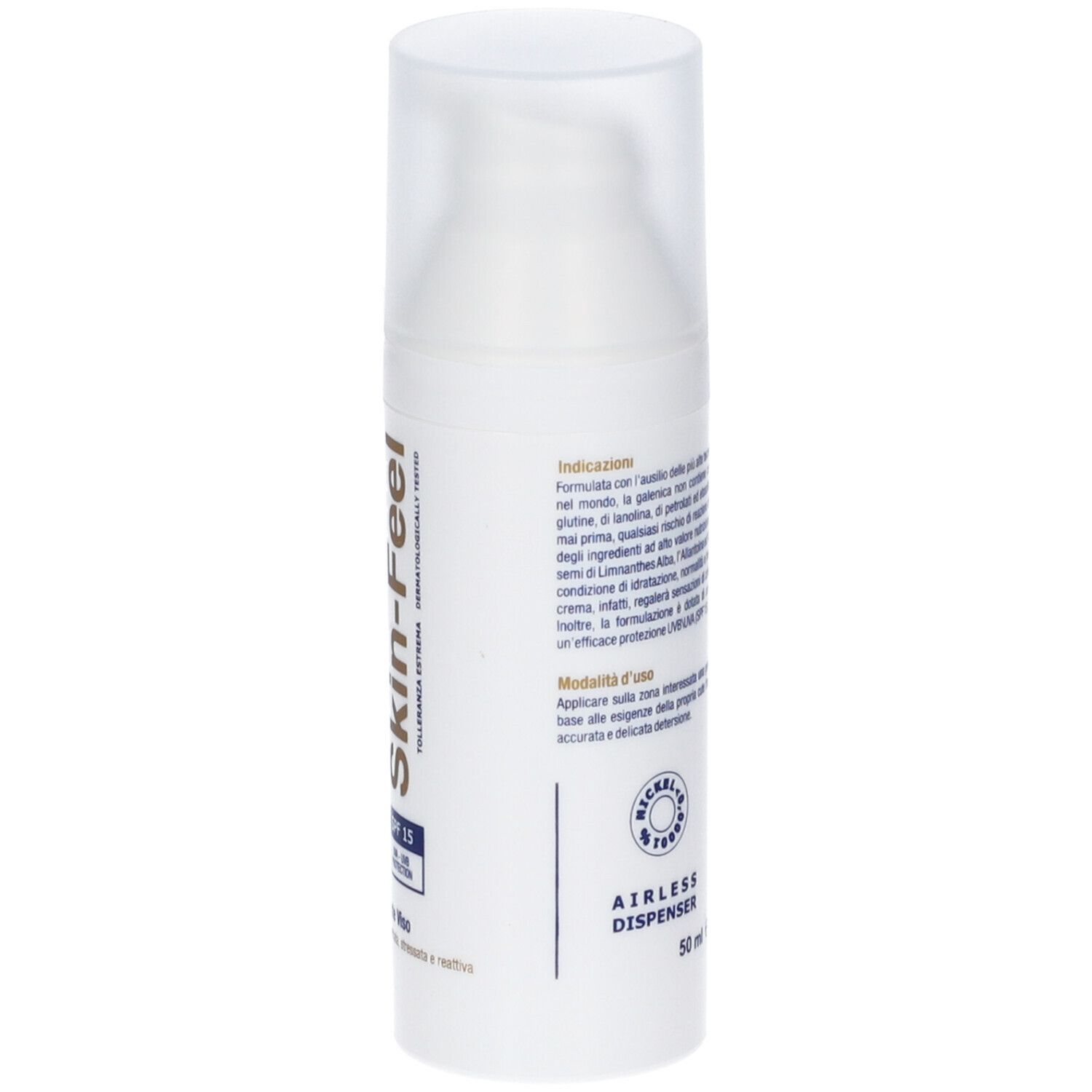 Flacone bianco con dosatore a pompa. Scritta: Skin-Feel, SPF 15. AIRLESS DISPENSER, 50 ml.